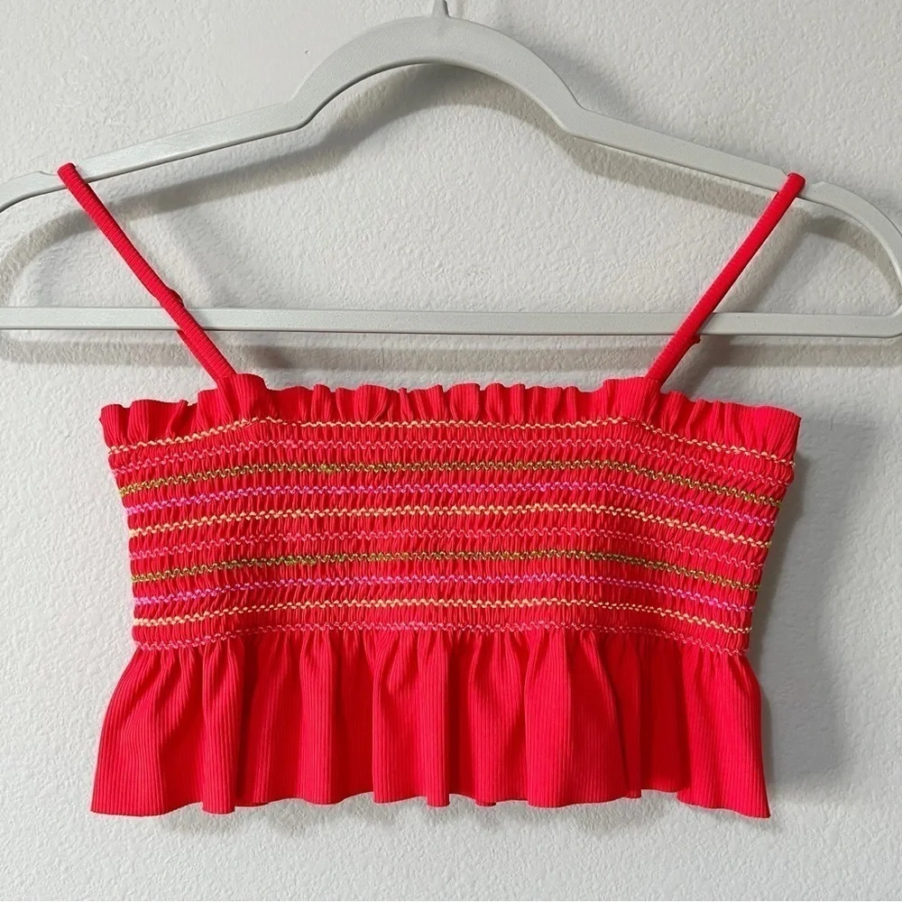 Maaij Camelia Fiesta Red Ruffled Smocked Crop Bikini Top Size 12 Swim Beach